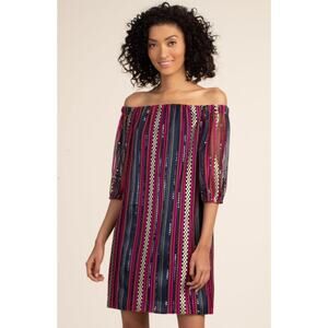 Trina Turk Sequin Embroidered Off The Shoulder Mini Dress Womens 6 Pink Blue